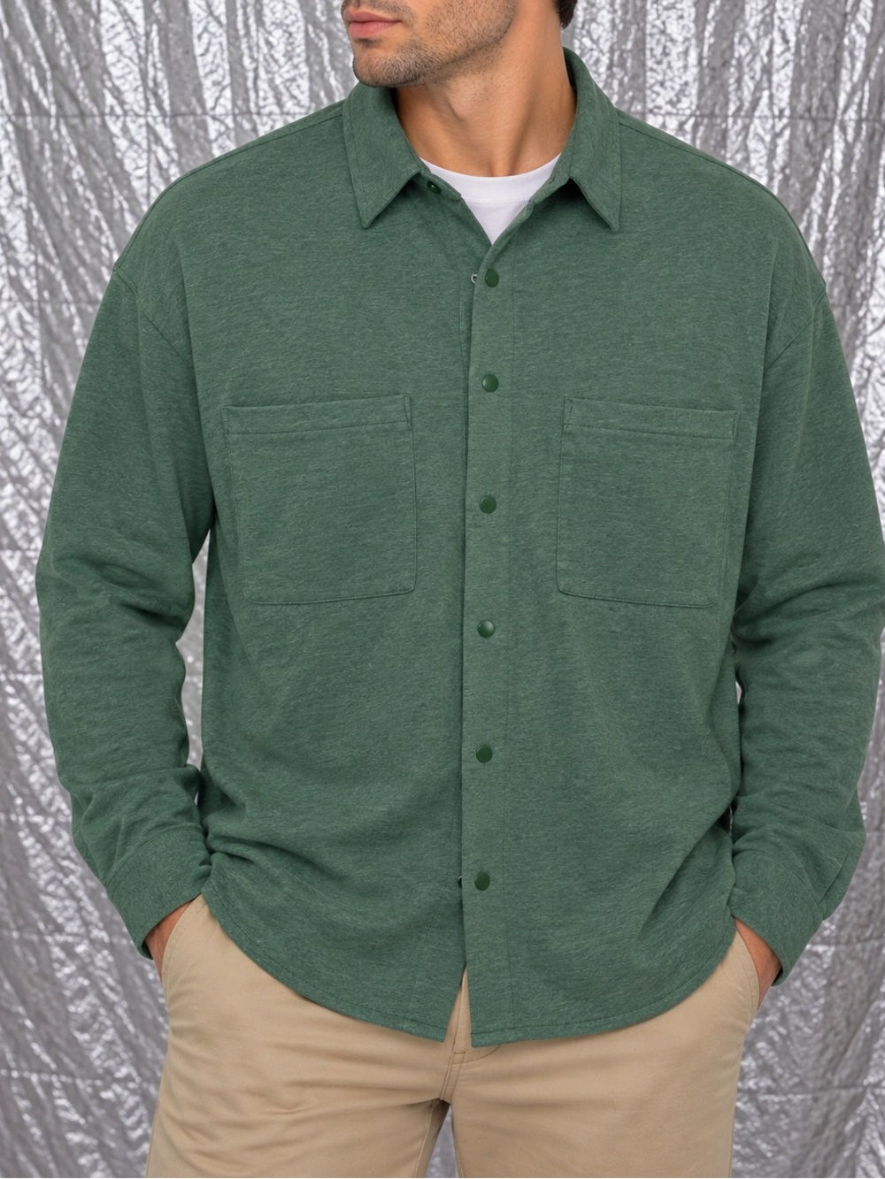 Lululemon Men’s Green Solid Long Sleeve Button-Up Shirt Point Collar w/ Pockets